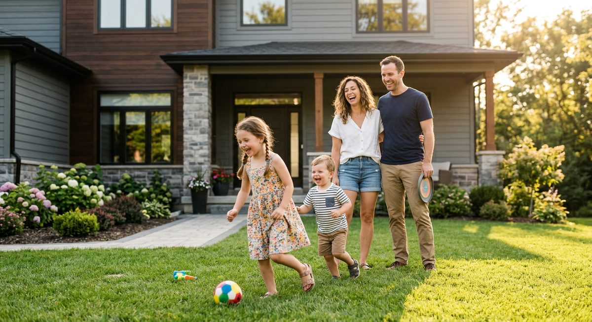 Happy family in front of their insured home